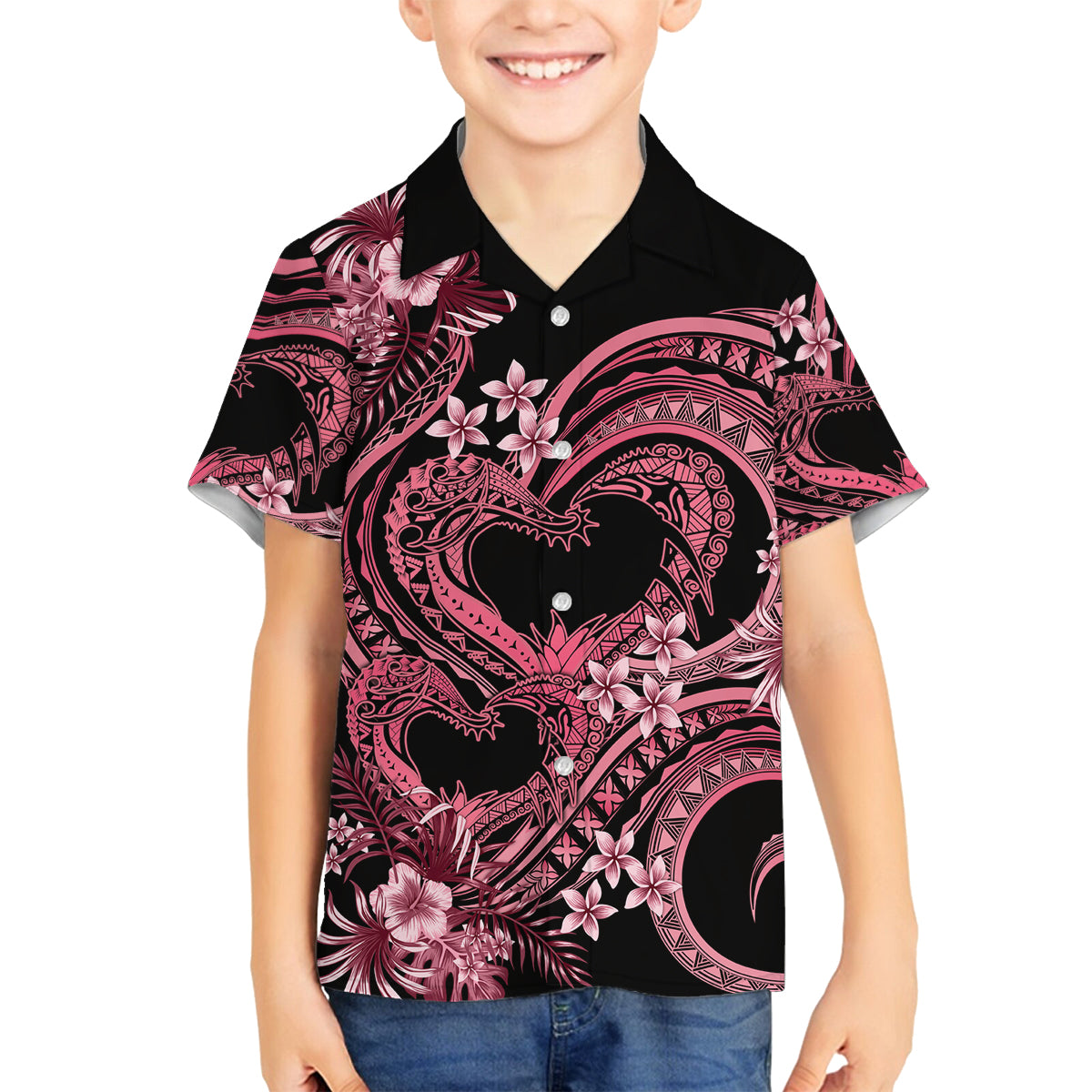 Polynesia Valentines Day Forever In My Heart Tattoo Family Matching Tank Maxi Dress and Hawaiian Shirt Pink Style LT9 Son's Shirt Pink - Polynesian Pride