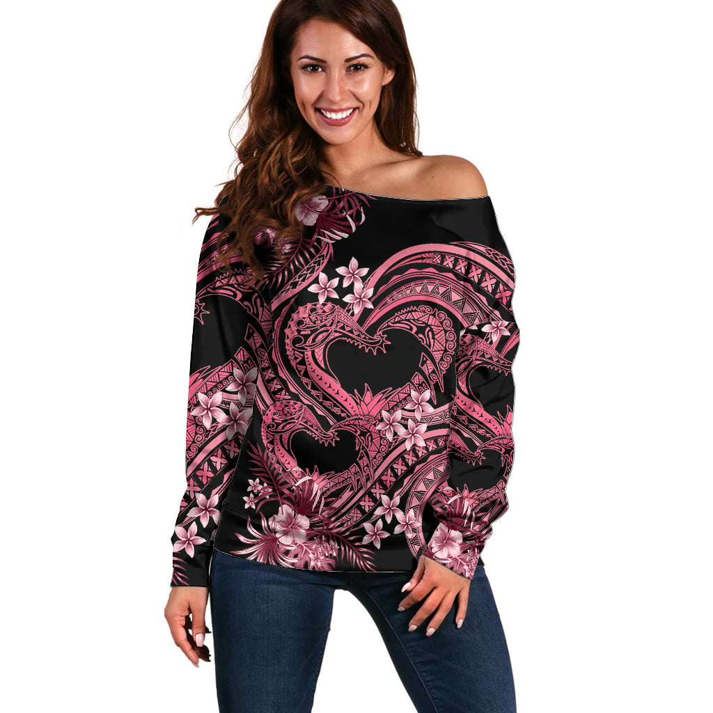 Polynesia Valentines Day Forever In My Heart Tattoo Off Shoulder Sweater Pink Style LT9 Women Pink - Polynesian Pride