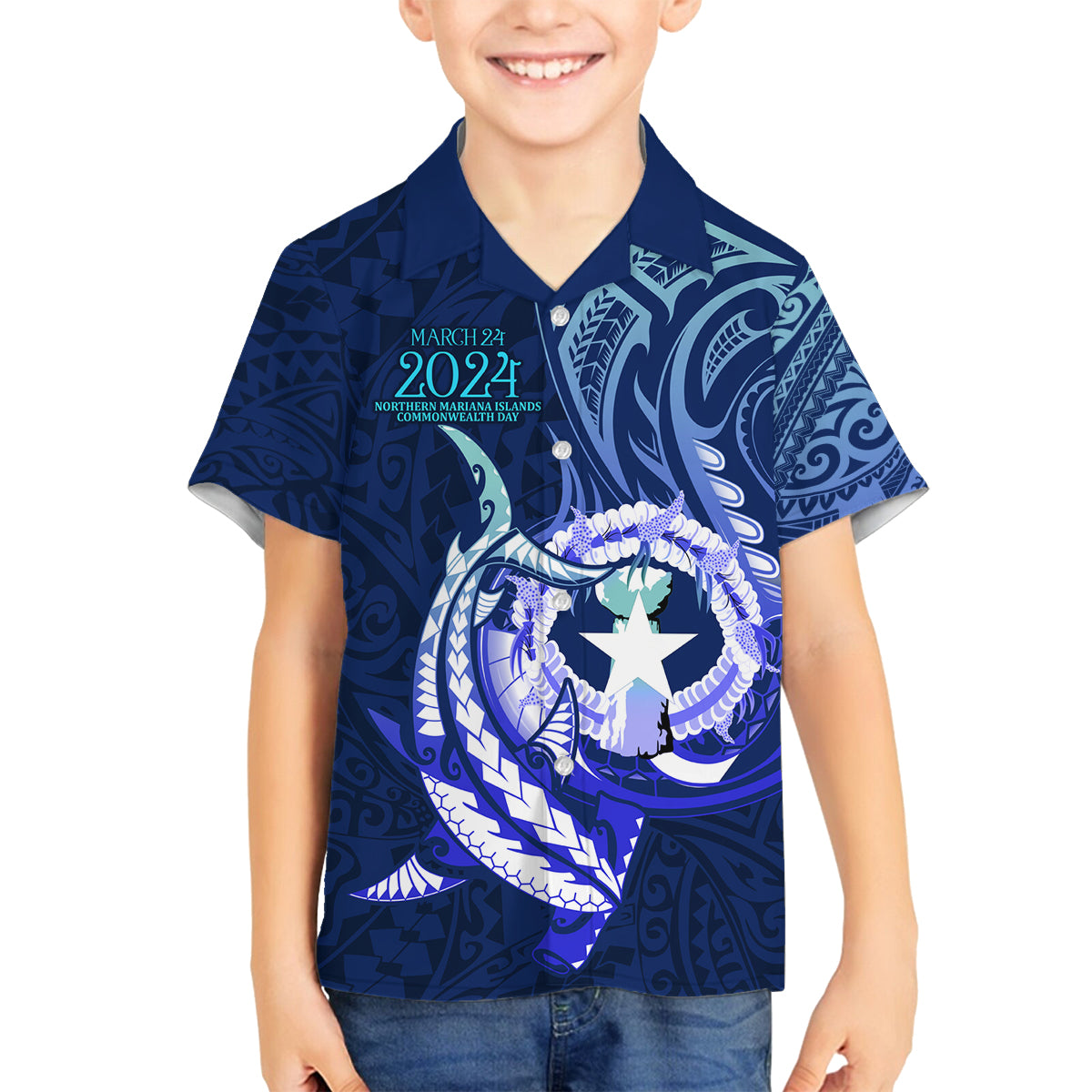 Personalised Northern Mariana Islands Family Matching Off Shoulder Long Sleeve Dress and Hawaiian Shirt Commonwealth Day 2024 LT9 Son's Shirt Ocean Blue - Polynesian Pride