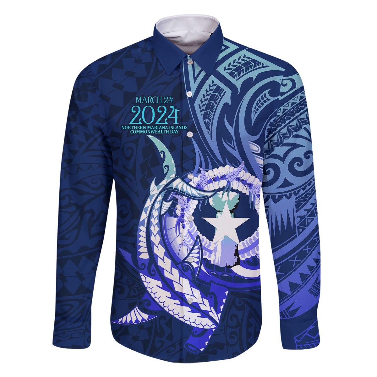 Personalised Northern Mariana Islands Family Matching Off Shoulder Short Dress and Hawaiian Shirt Commonwealth Day 2024 LT9 Dad's Shirt - Long Sleeve Ocean Blue - Polynesian Pride