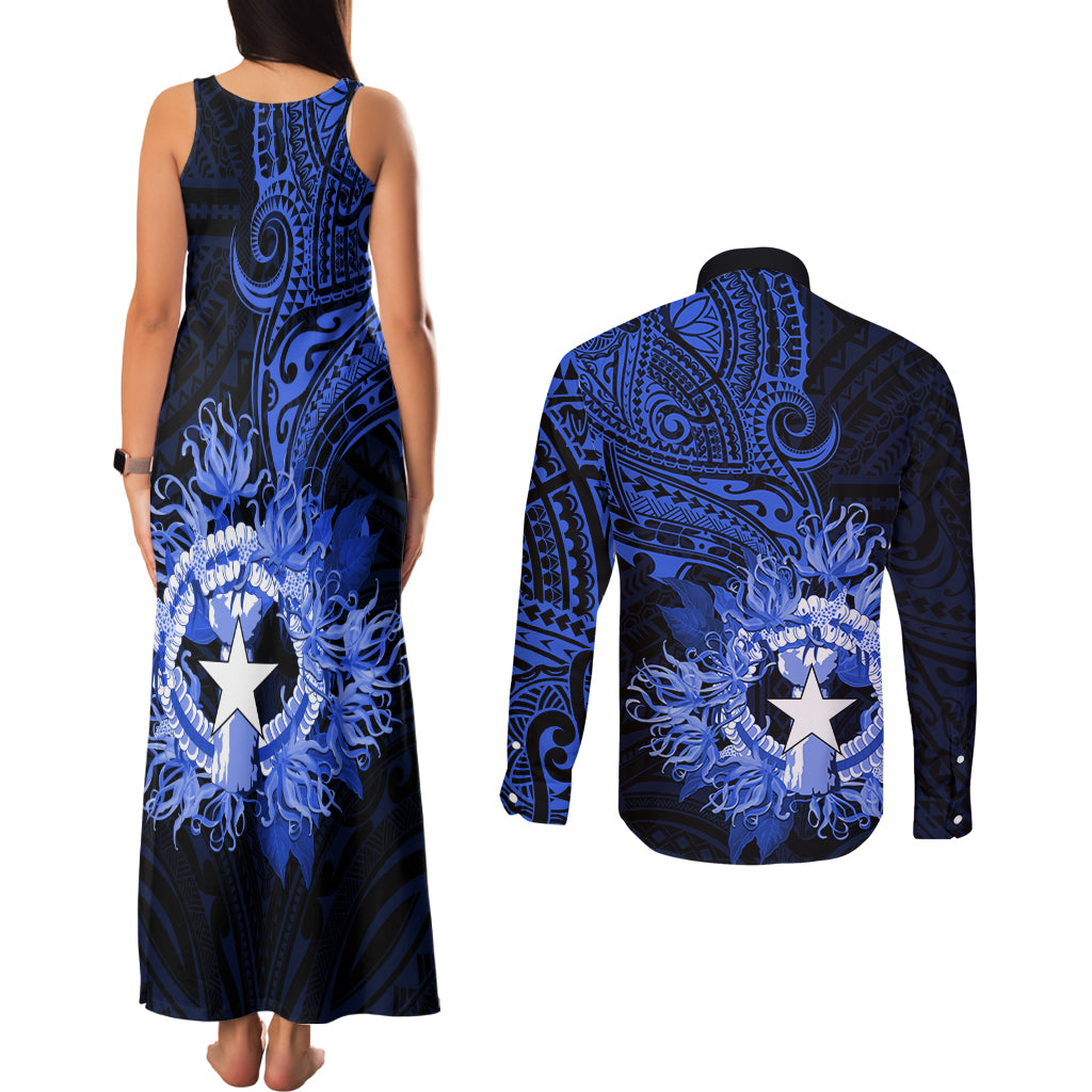 Northern Mariana Islands Ylang-ylang Mwarmwar Couples Matching Tank Maxi Dress and Long Sleeve Button Shirt Polynesian Blue Style LT9 - Polynesian Pride
