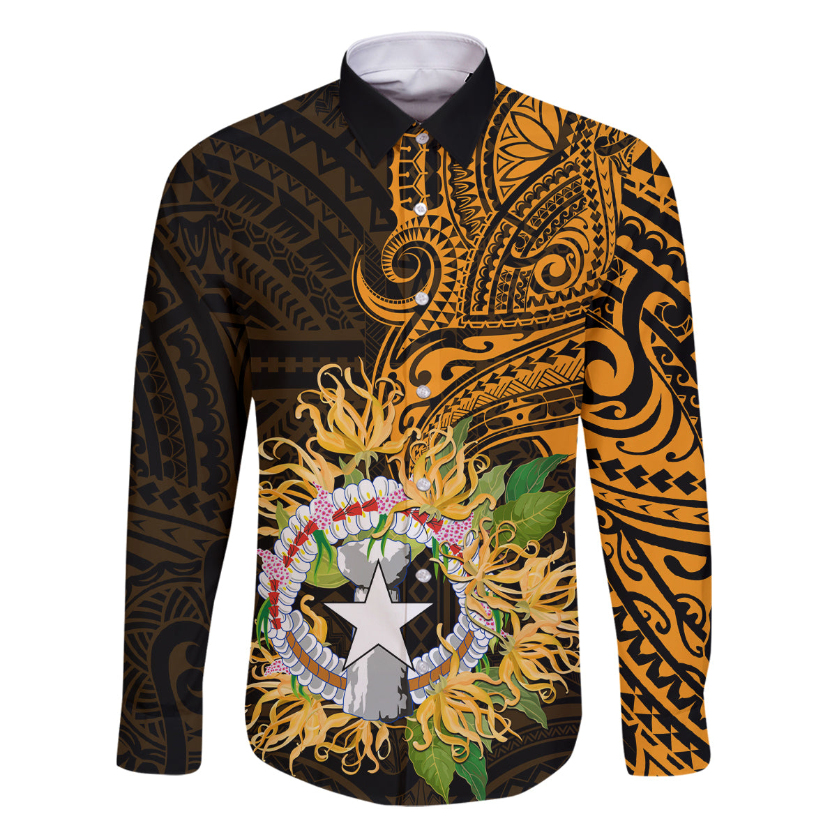 Northern Mariana Islands Ylang-ylang Mwarmwar Family Matching Off Shoulder Short Dress and Hawaiian Shirt Polynesian Gold Style LT9 Dad's Shirt - Long Sleeve Gold - Polynesian Pride