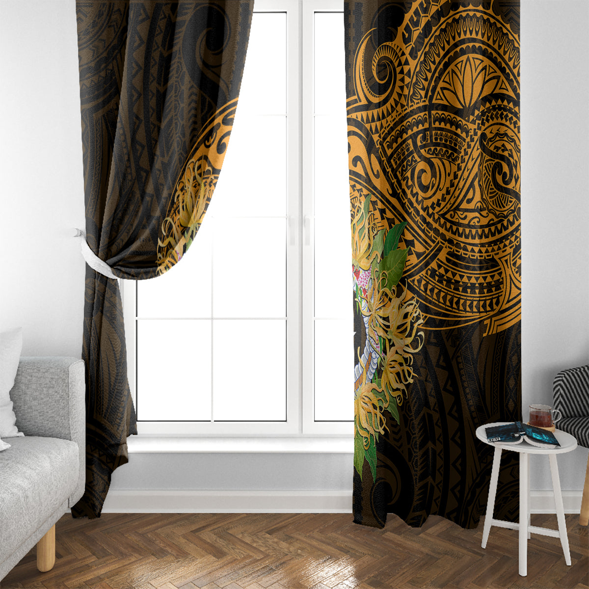 Northern Mariana Islands Ylang-ylang Mwarmwar Window Curtain Polynesian Gold Style