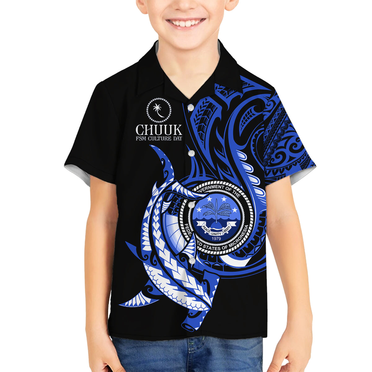 Personalised Chuuk FSM Culture Day Family Matching Off Shoulder Long Sleeve Dress and Hawaiian Shirt Hammerhead Shark Tattoo 2024 LT9 Son's Shirt Blue - Polynesian Pride