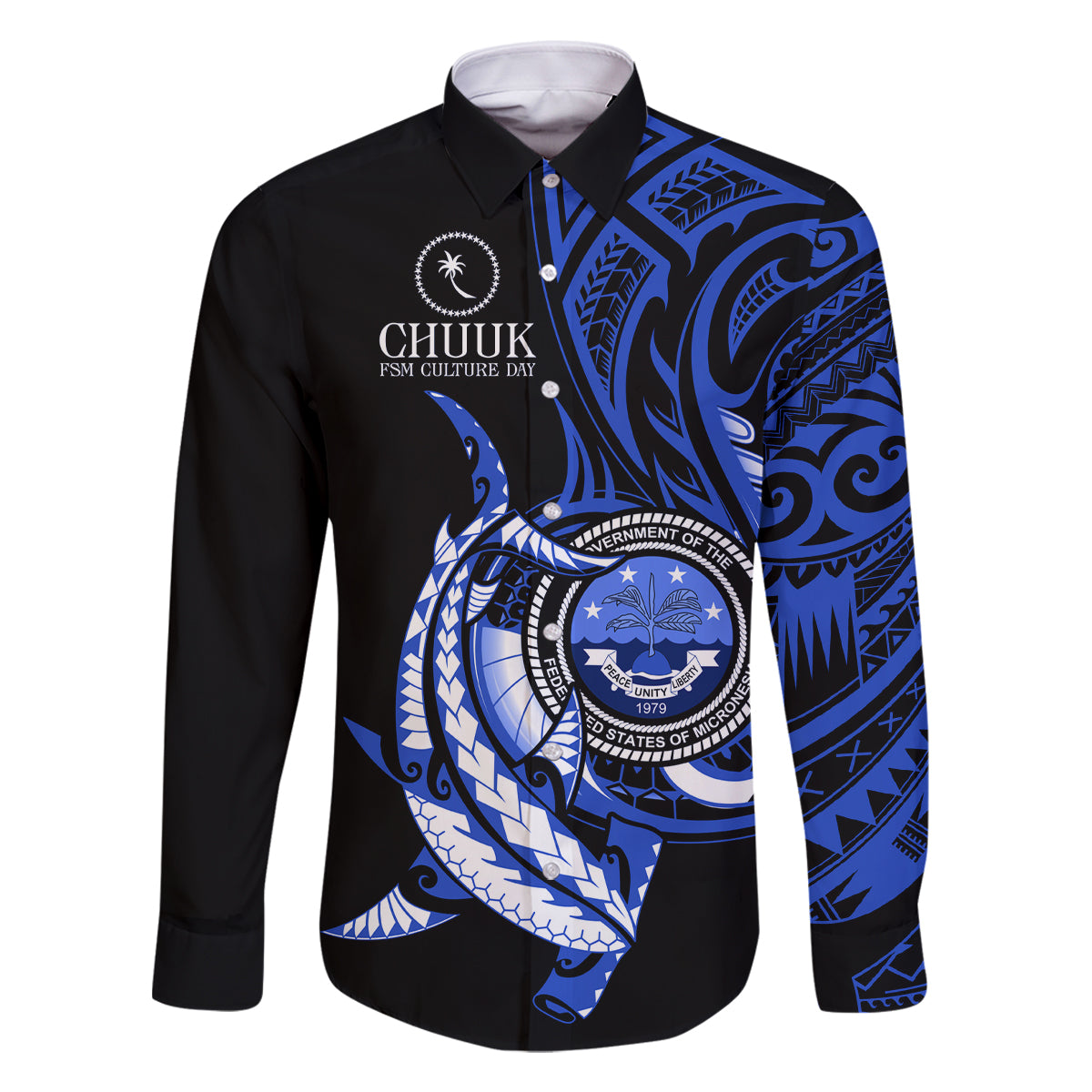 Personalised Chuuk FSM Culture Day Family Matching Off Shoulder Short Dress and Hawaiian Shirt Hammerhead Shark Tattoo 2024 LT9 Dad's Shirt - Long Sleeve Blue - Polynesian Pride