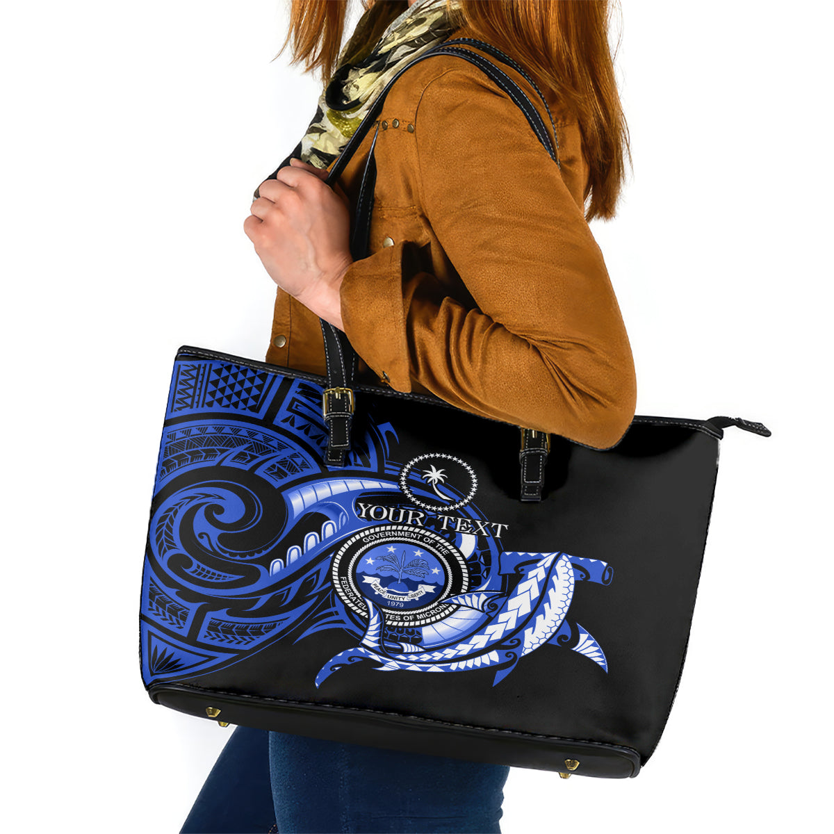 Personalised Chuuk FSM Culture Day Leather Tote Bag Hammerhead Shark Tattoo 2024 LT9 Blue - Polynesian Pride