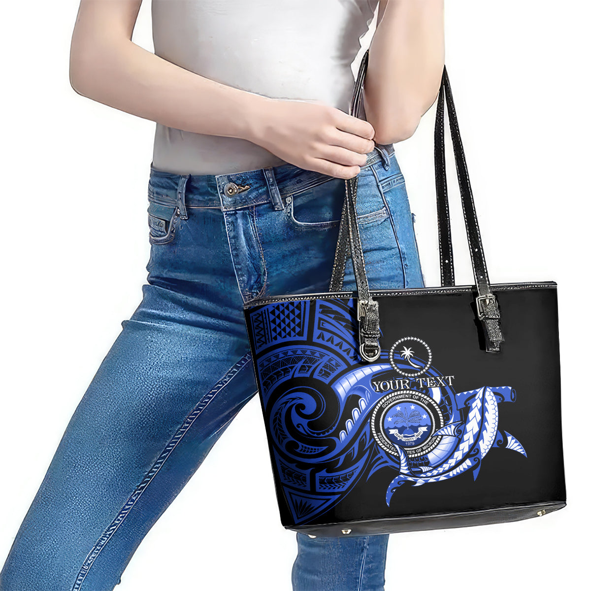 Personalised Chuuk FSM Culture Day Leather Tote Bag Hammerhead Shark Tattoo 2024 LT9 - Polynesian Pride