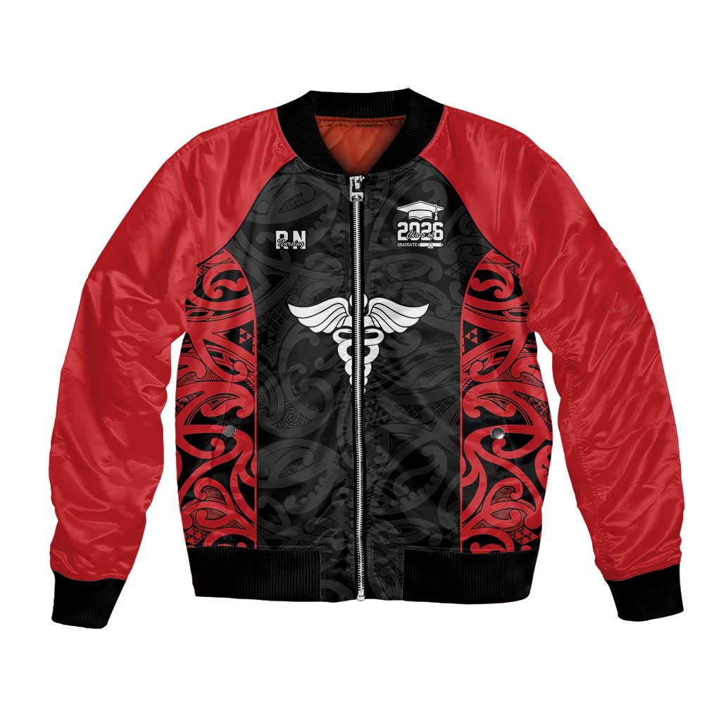 New Zealand Nurse RN 2026 Personalised Bomber Jacket Red Maori Pattern Cultural Pride