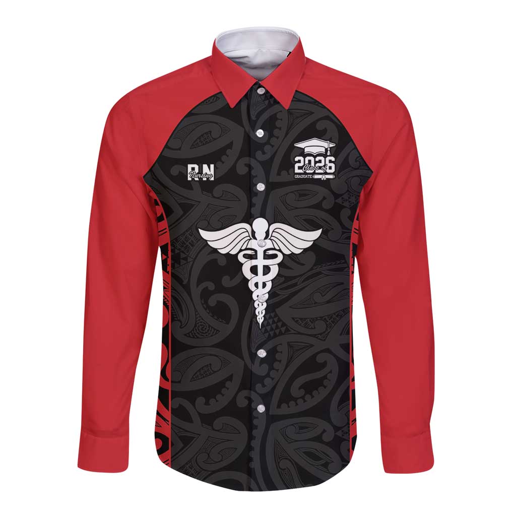 New Zealand Nurse RN 2026 Personalised Long Sleeve Button Shirt Red Maori Pattern Cultural Pride