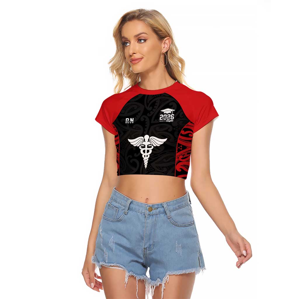 New Zealand Nurse RN 2026 Personalised Raglan Cropped T Shirt Red Maori Pattern Cultural Pride