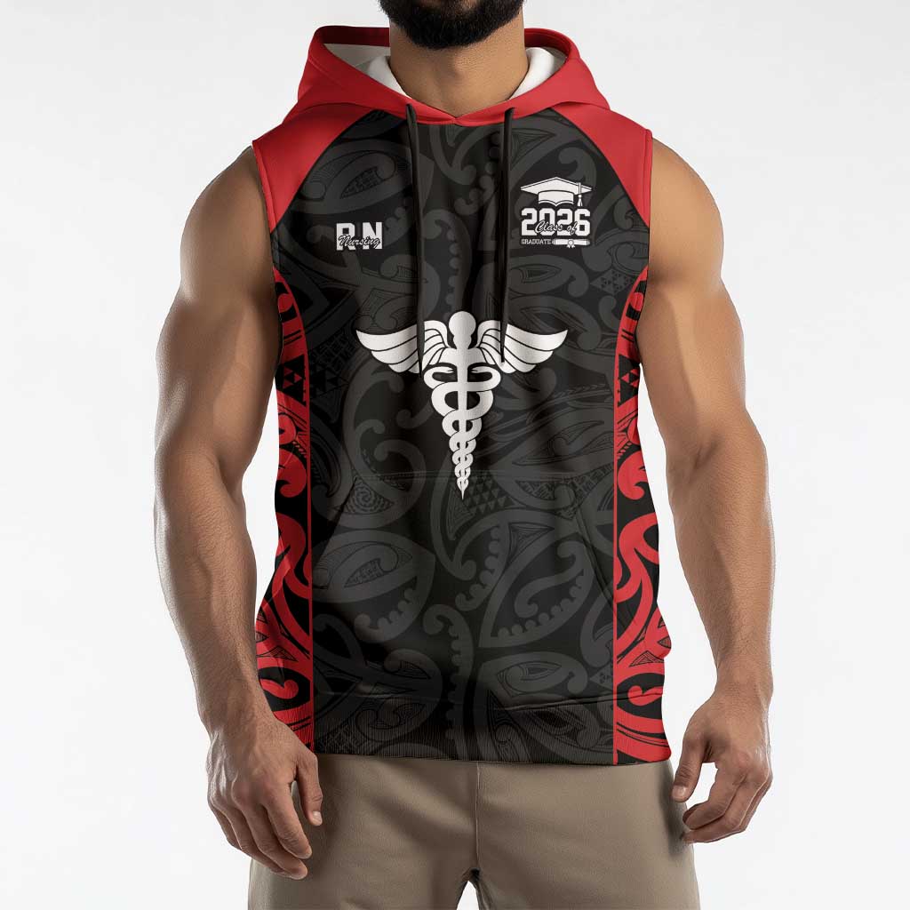 New Zealand Nurse RN 2026 Personalised Sleeveless Hoodie Red Maori Pattern Cultural Pride