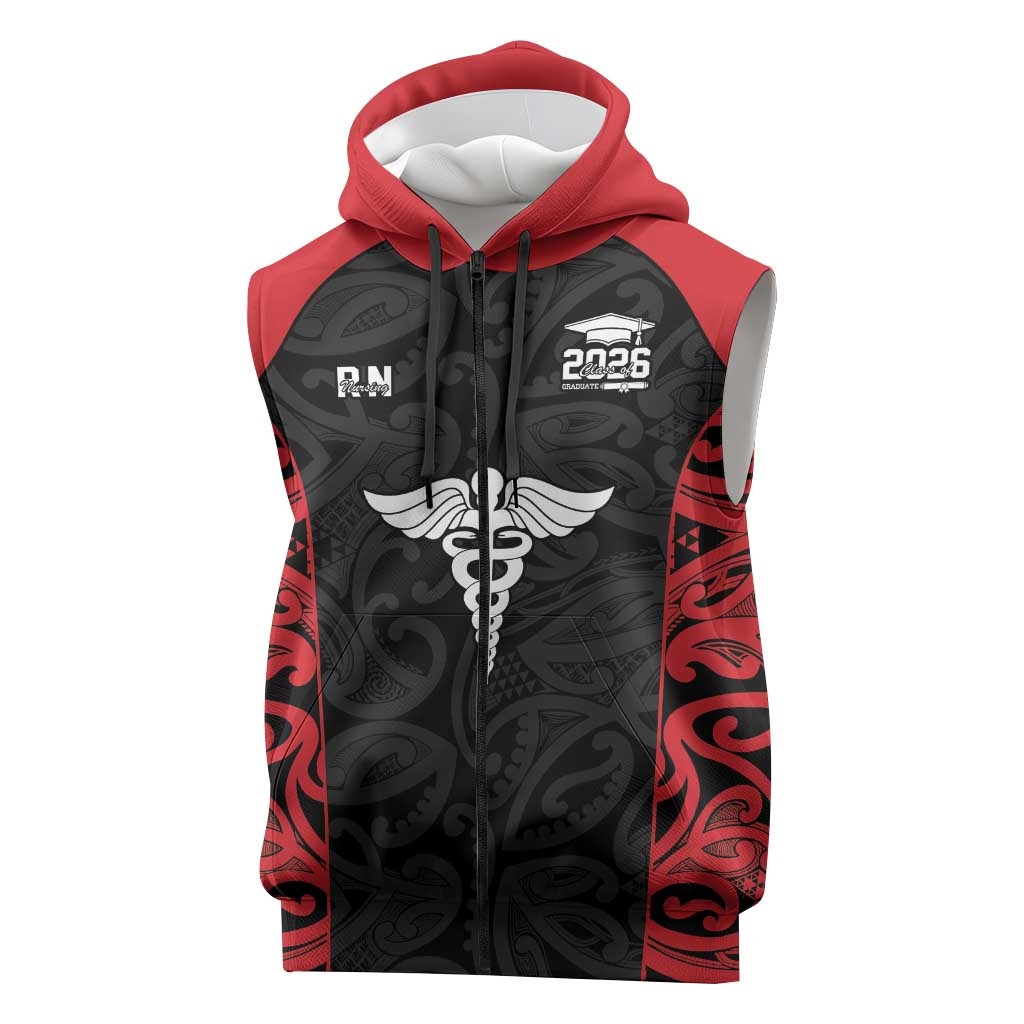 New Zealand Nurse RN 2026 Personalised Sleeveless Zip Hoodie Red Maori Pattern Cultural Pride LT9 Red - Polynesian Pride