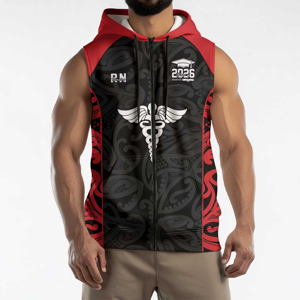 New Zealand Nurse RN 2026 Personalised Sleeveless Zip Hoodie Red Maori Pattern Cultural Pride LT9 - Polynesian Pride