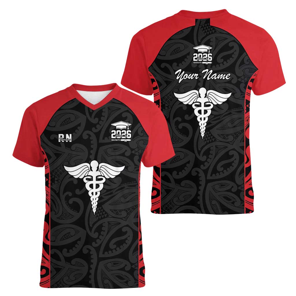 New Zealand Nurse RN 2026 Personalised Women V-Neck T-Shirt Red Maori Pattern Cultural Pride LT9 - Polynesian Pride