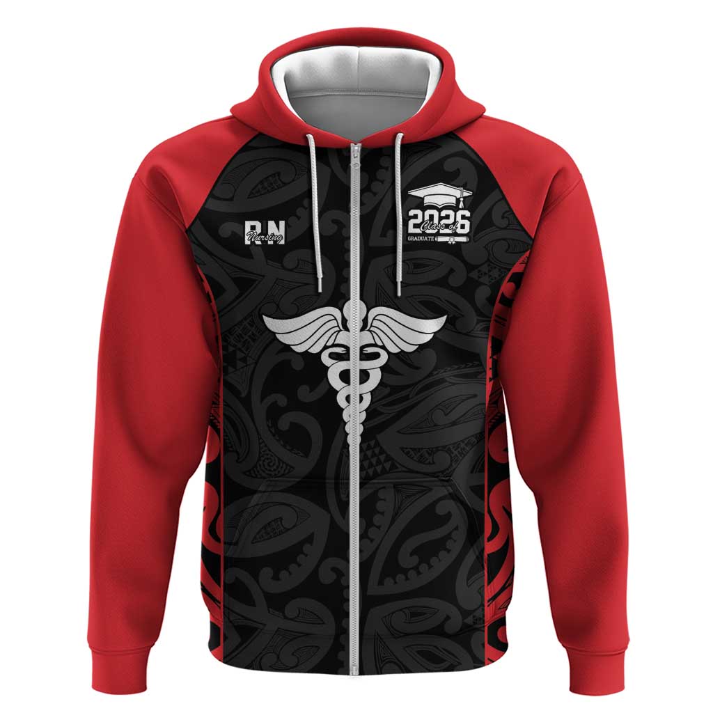 New Zealand Nurse RN 2026 Personalised Zip Hoodie Red Maori Pattern Cultural Pride