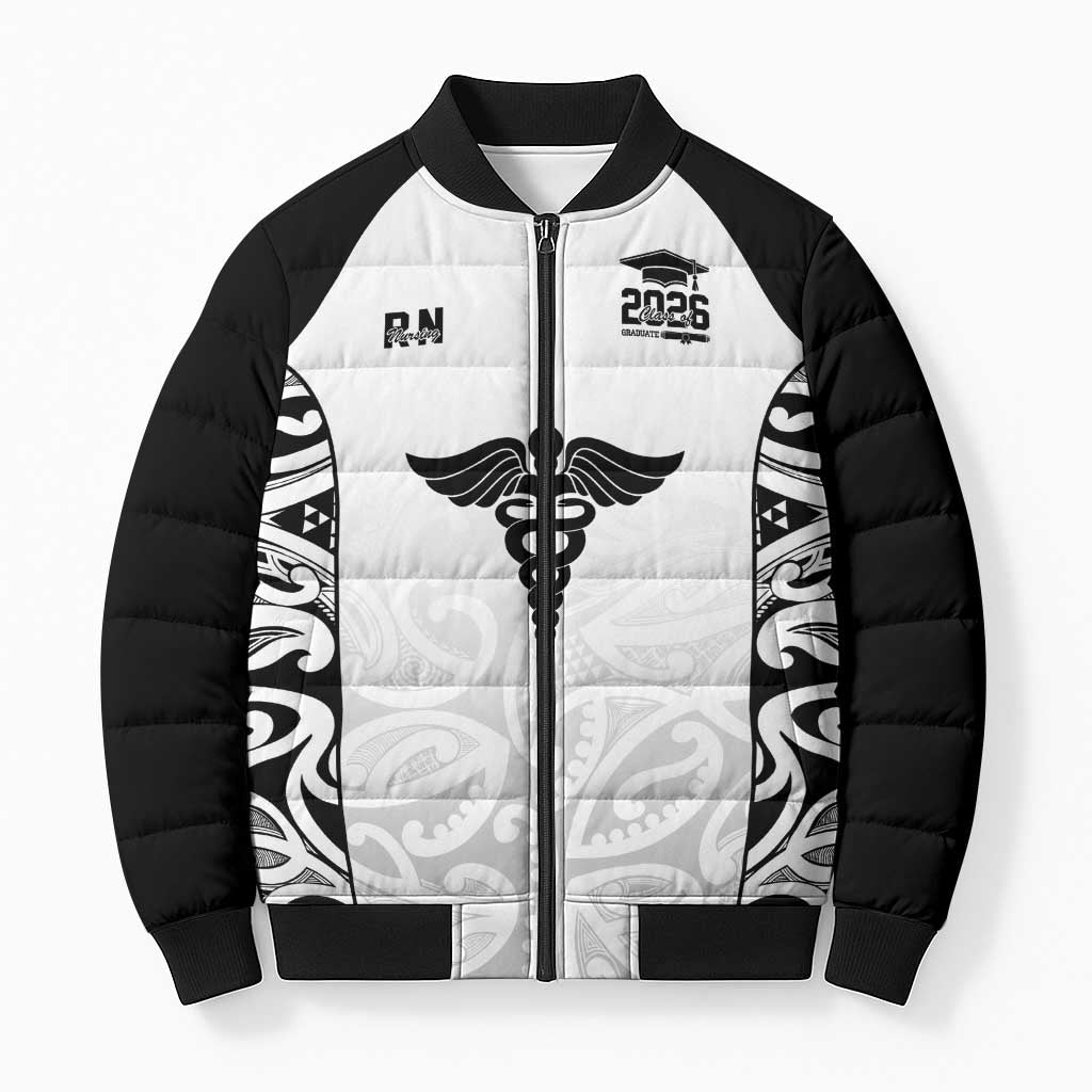 New Zealand Nurse RN 2026 Personalised Bomber Puffer Jacket White Maori Pattern Cultural Pride LT9 Unisex White - Polynesian Pride