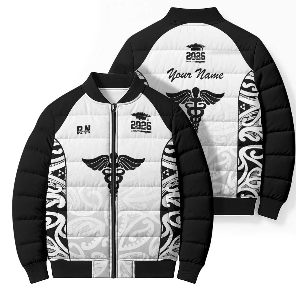 New Zealand Nurse RN 2026 Personalised Bomber Puffer Jacket White Maori Pattern Cultural Pride LT9 - Polynesian Pride