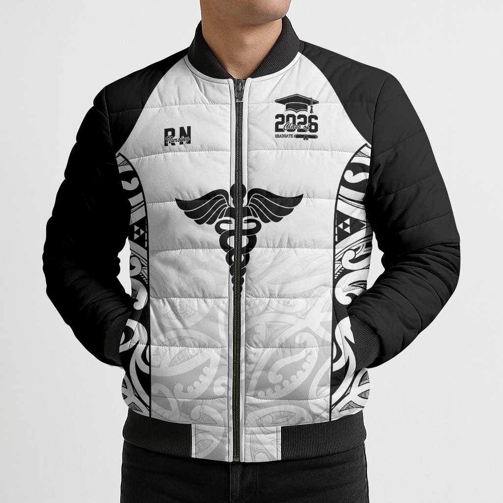 New Zealand Nurse RN 2026 Personalised Bomber Puffer Jacket White Maori Pattern Cultural Pride LT9 - Polynesian Pride