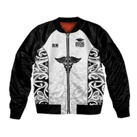 New Zealand Nurse RN 2026 Personalised Sleeve Zip Bomber Jacket White Maori Pattern Cultural Pride