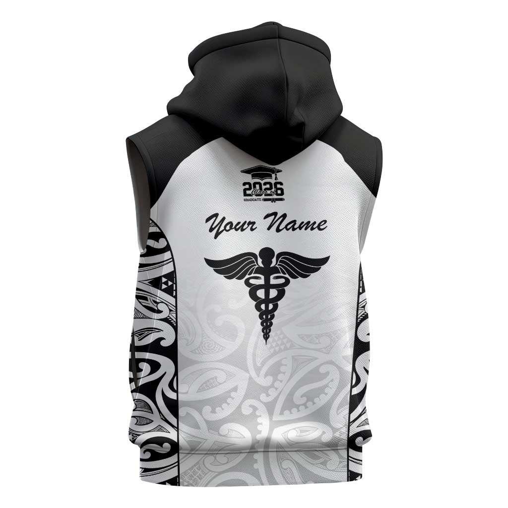 New Zealand Nurse RN 2026 Personalised Sleeveless Hoodie White Maori Pattern Cultural Pride