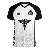 New Zealand Nurse RN 2026 Personalised Women V-Neck T-Shirt White Maori Pattern Cultural Pride LT9 Female White - Polynesian Pride