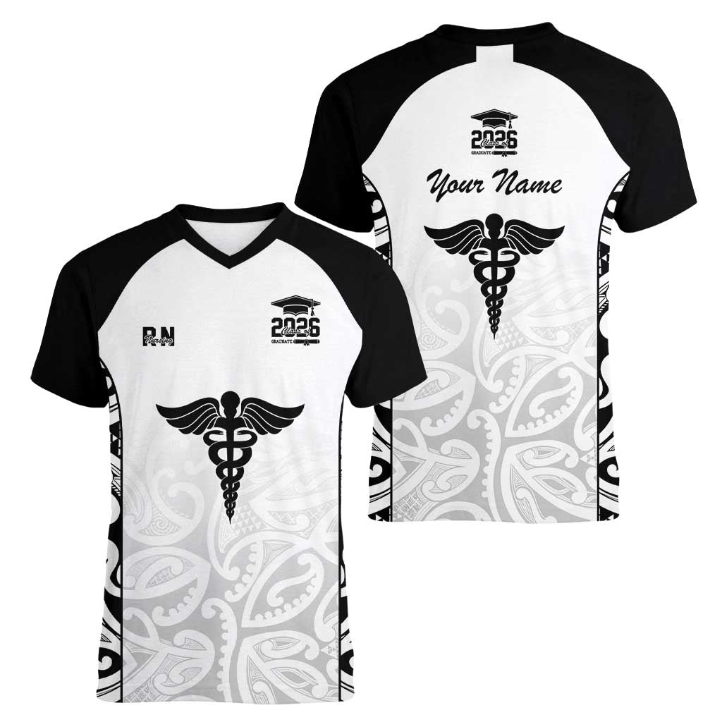 New Zealand Nurse RN 2026 Personalised Women V-Neck T-Shirt White Maori Pattern Cultural Pride LT9 - Polynesian Pride