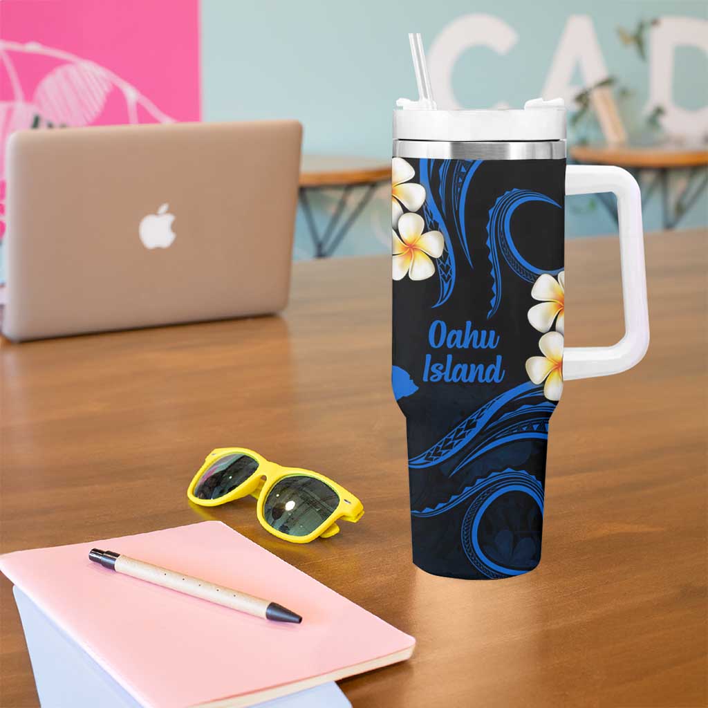 Hawaii Oahu Islands Pacific Plumeria Tumbler With Handle Blue Polynesian Tattoo