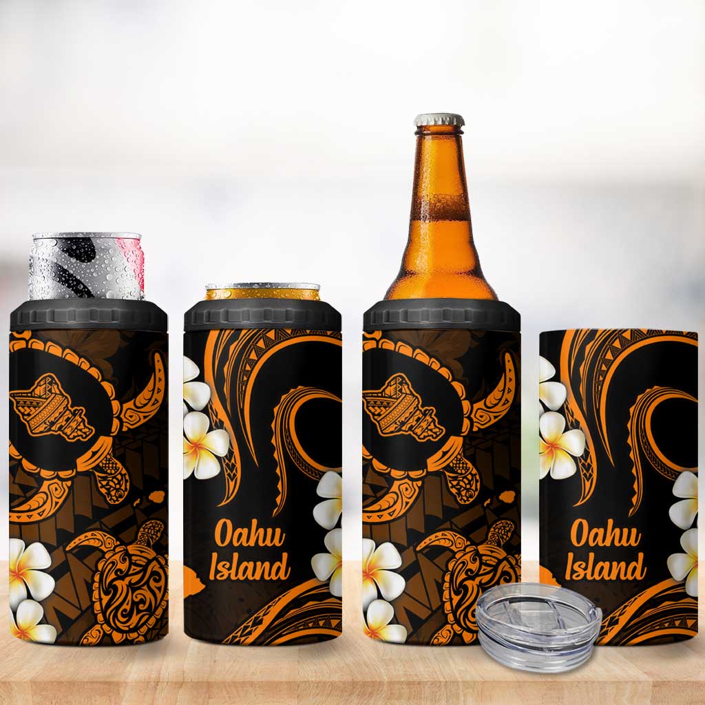 Hawaii Oahu Islands Pacific Plumeria 4 in 1 Can Cooler Tumbler Gold Polynesian Tattoo LT9 - Polynesian Pride