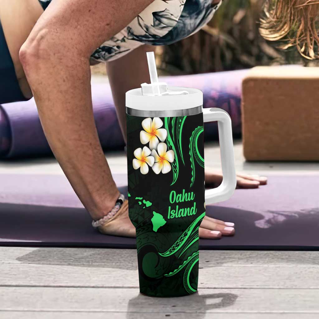Hawaii Oahu Islands Pacific Plumeria Tumbler With Handle Green Polynesian Tattoo