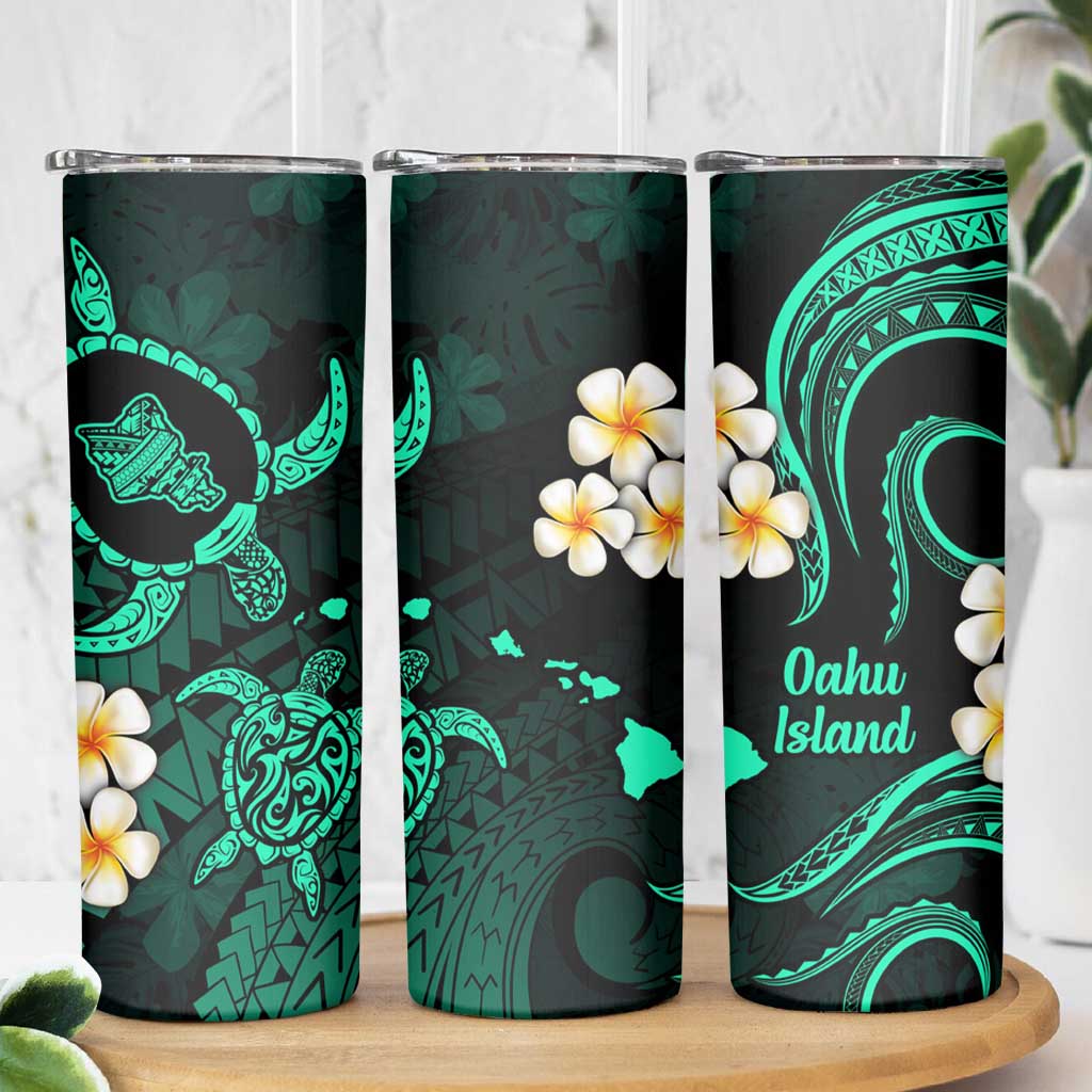 Hawaii Oahu Islands Pacific Plumeria Skinny Tumbler Turquoise Polynesian Tattoo LT9 - Polynesian Pride
