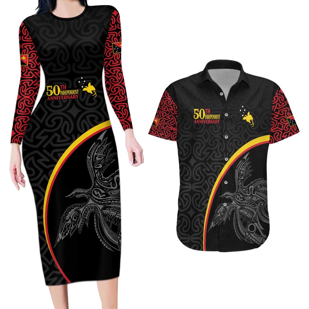 Papua New Guinea 50th Independence Day Couples Matching Long Sleeve Bodycon Dress and Hawaiian Shirt Simple Oro Tapa Pattern LT9 Black - Polynesian Pride