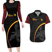 Papua New Guinea 50th Independence Day Couples Matching Long Sleeve Bodycon Dress and Hawaiian Shirt Simple Oro Tapa Pattern LT9 Black - Polynesian Pride