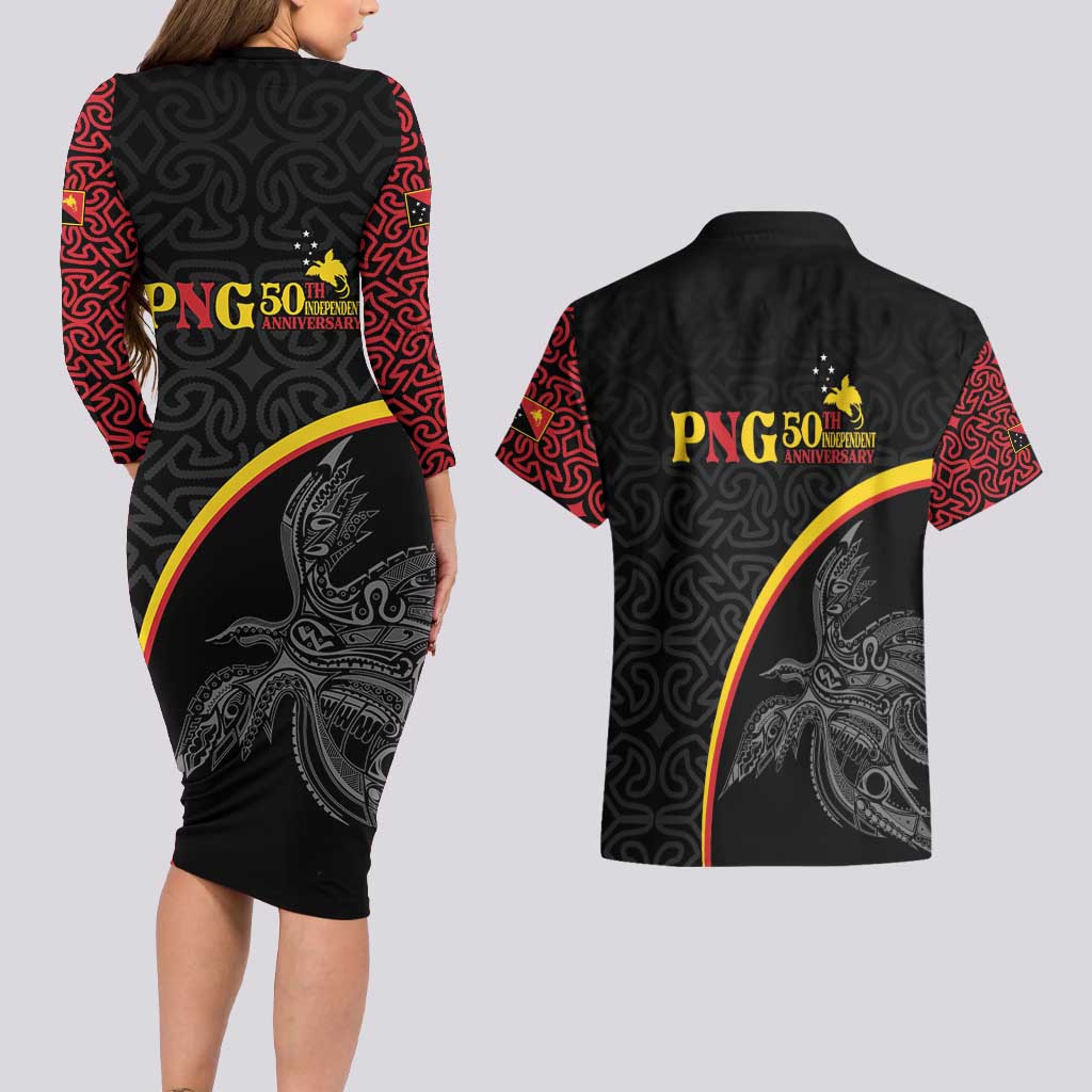 Papua New Guinea 50th Independence Day Couples Matching Long Sleeve Bodycon Dress and Hawaiian Shirt Simple Oro Tapa Pattern LT9 - Polynesian Pride