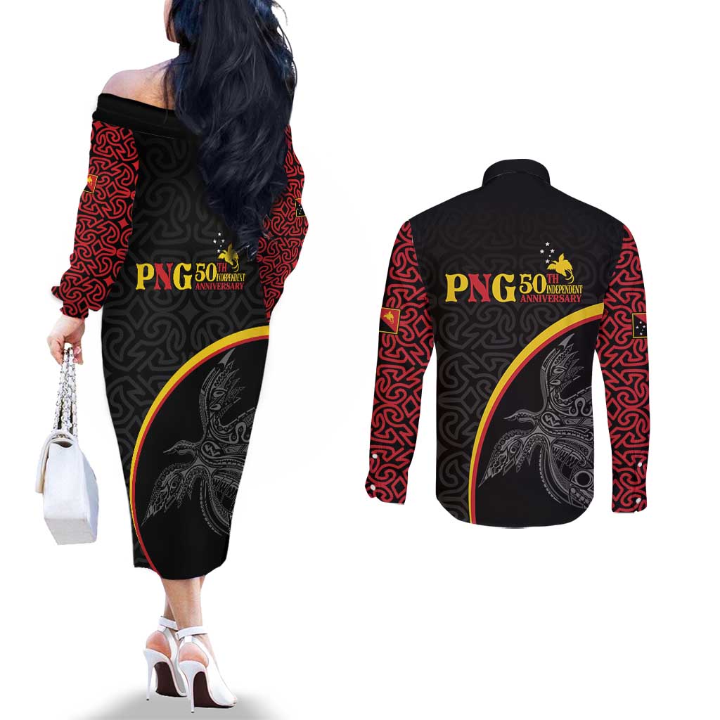 Papua New Guinea 50th Independence Day Couples Matching Off The Shoulder Long Sleeve Dress and Long Sleeve Button Shirt Simple Oro Tapa Pattern LT9 - Polynesian Pride