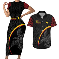 Papua New Guinea 50th Independence Day Couples Matching Short Sleeve Bodycon Dress and Hawaiian Shirt Simple Oro Tapa Pattern LT9 Black - Polynesian Pride