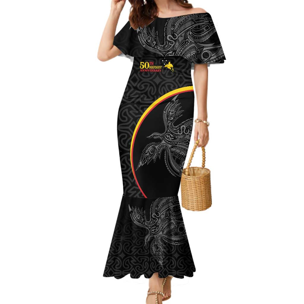 Papua New Guinea 50th Independence Day Family Matching Mermaid Dress and Hawaiian Shirt Simple Oro Tapa Pattern LT9 Mom's Dress Black - Polynesian Pride