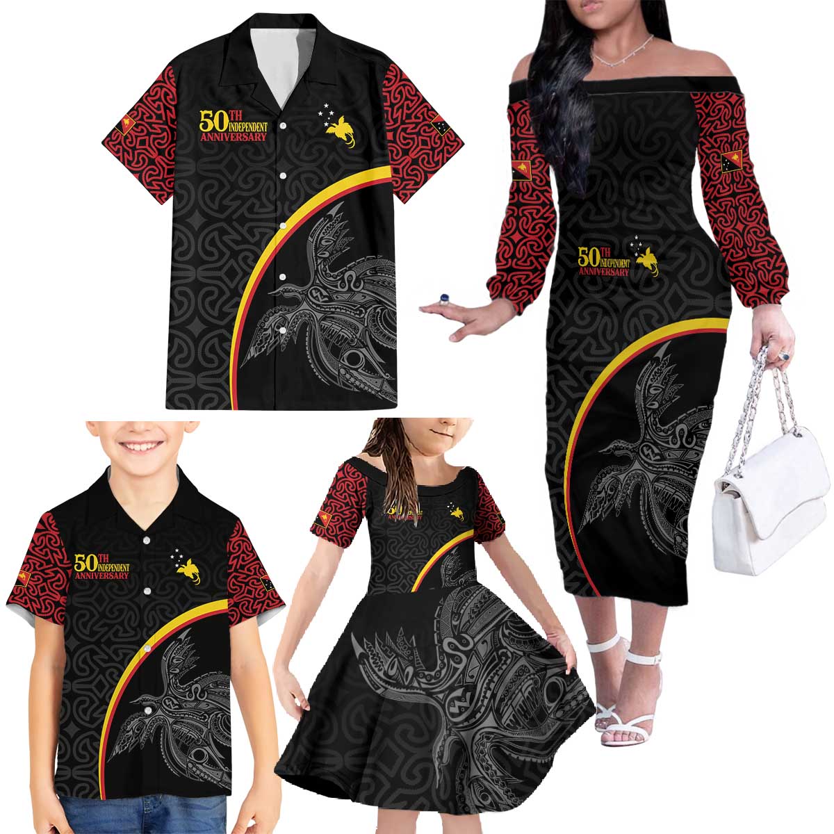 Papua New Guinea 50th Independence Day Family Matching Off The Shoulder Long Sleeve Dress and Hawaiian Shirt Simple Oro Tapa Pattern LT9 - Polynesian Pride