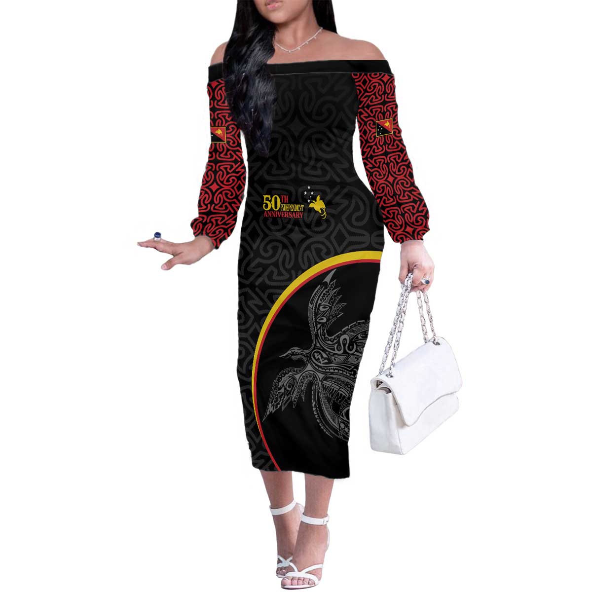 Papua New Guinea 50th Independence Day Family Matching Off The Shoulder Long Sleeve Dress and Hawaiian Shirt Simple Oro Tapa Pattern LT9 Mom's Dress Black - Polynesian Pride