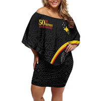 Papua New Guinea 50th Independence Day Family Matching Off Shoulder Short Dress and Hawaiian Shirt Simple Oro Tapa Pattern LT9 Mom's Dress Black - Polynesian Pride