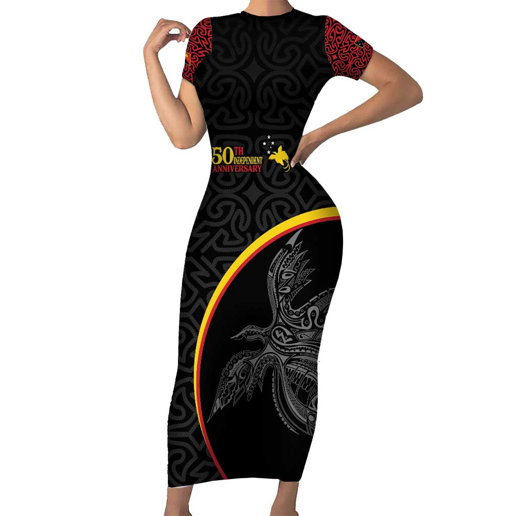 Papua New Guinea 50th Independence Day Family Matching Short Sleeve Bodycon Dress and Hawaiian Shirt Simple Oro Tapa Pattern LT9 Mom's Dress Black - Polynesian Pride