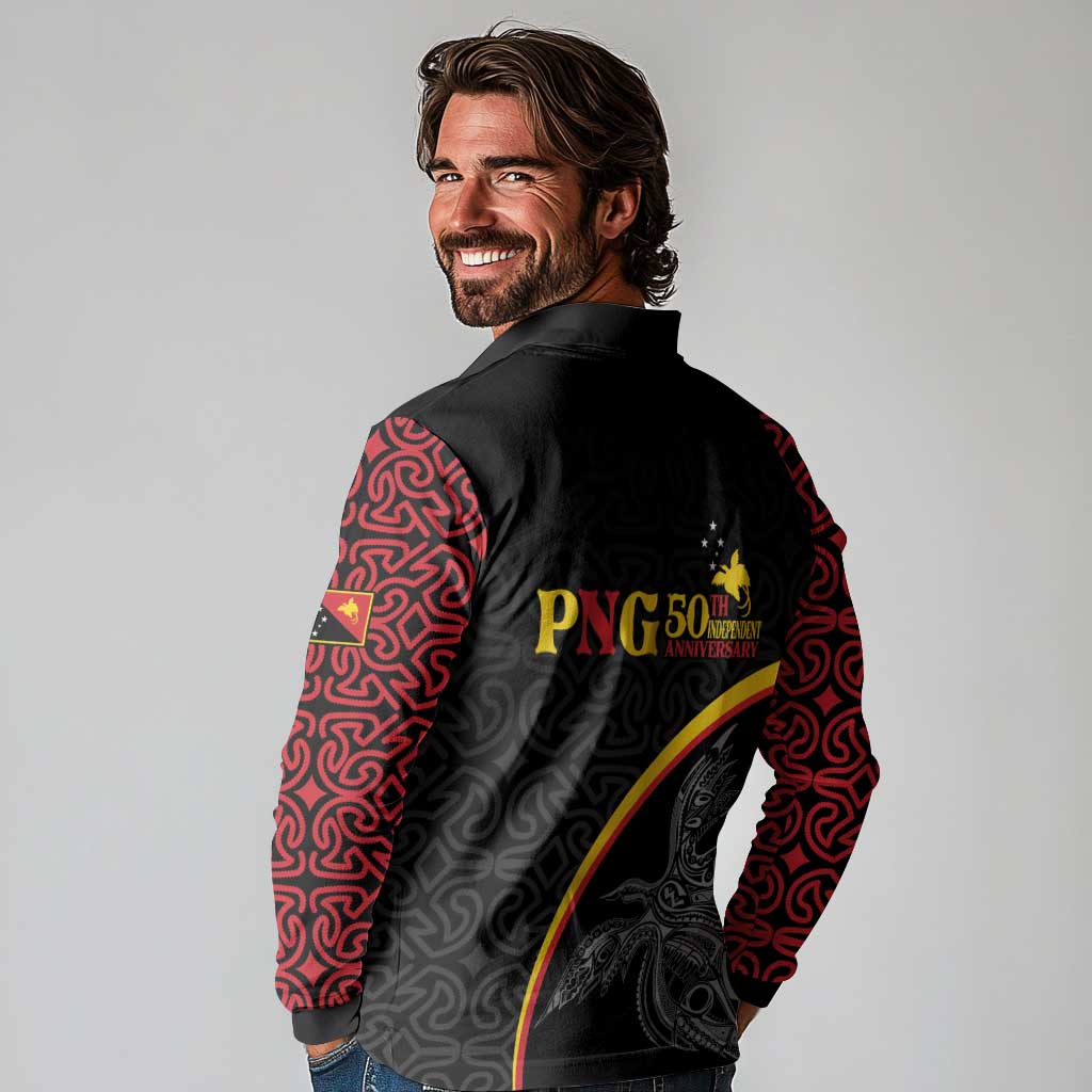 Papua New Guinea 50th Independence Day Long Sleeve Polo Shirt Simple Oro Tapa Pattern - Polynesian Pride