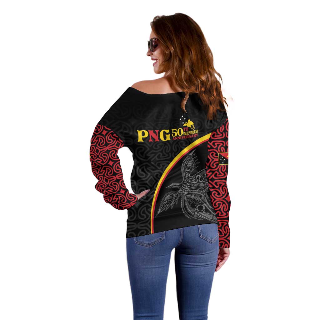 Papua New Guinea 50th Independence Day Off Shoulder Sweater Simple Oro Tapa Pattern - Polynesian Pride
