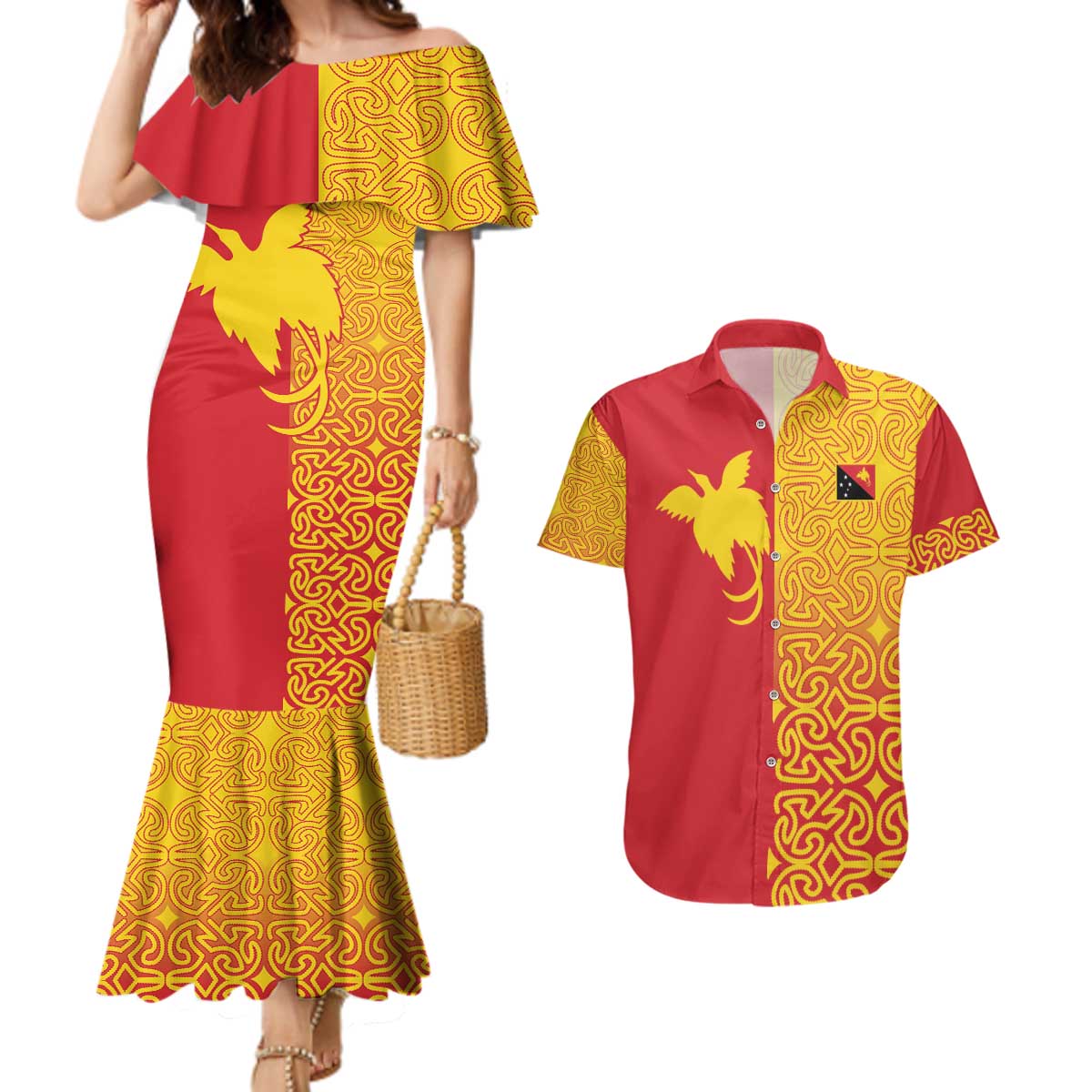 Papua New Guinea Oro Tapa Personalised Couples Matching Mermaid Dress and Hawaiian Shirt Simple Bird of Paradise Style LT9 Red - Polynesian Pride