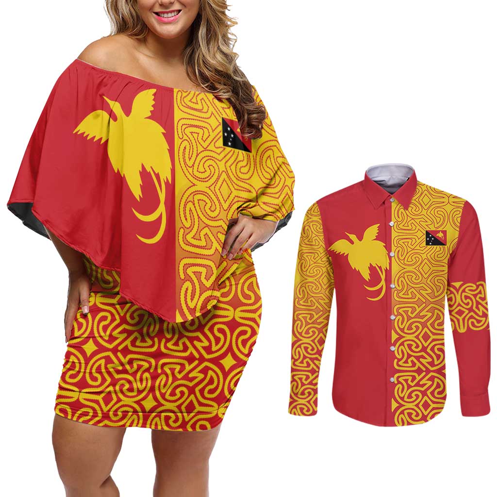 Papua New Guinea Oro Tapa Personalised Couples Matching Off Shoulder Short Dress and Long Sleeve Button Shirt Simple Bird of Paradise Style LT9 Red - Polynesian Pride