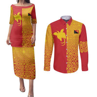 Papua New Guinea Oro Tapa Personalised Couples Matching Puletasi and Long Sleeve Button Shirt Simple Bird of Paradise Style LT9 Red - Polynesian Pride