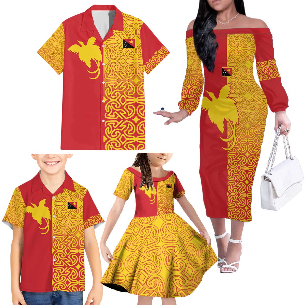 Papua New Guinea Oro Tapa Personalised Family Matching Off The Shoulder Long Sleeve Dress and Hawaiian Shirt Simple Bird of Paradise Style LT9 - Polynesian Pride