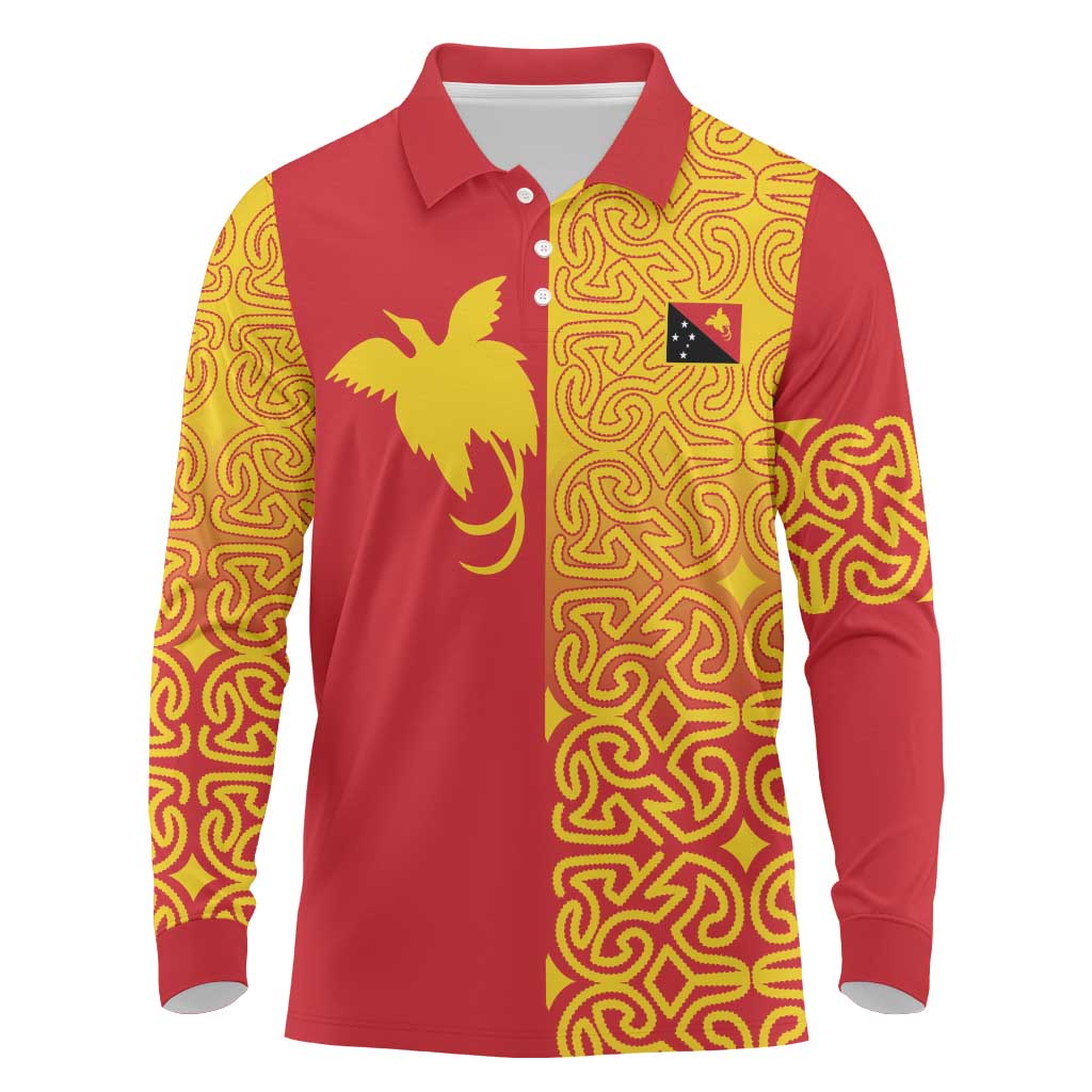 Papua New Guinea Oro Tapa Personalised Long Sleeve Polo Shirt Simple Bird of Paradise Style LT9 Red - Polynesian Pride