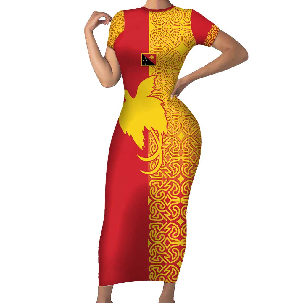 Papua New Guinea Oro Tapa Personalised Short Sleeve Bodycon Dress Simple Bird of Paradise Style LT9 Long Dress Red - Polynesian Pride