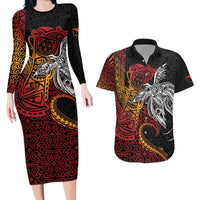 Papua New Guinea Sepik Personalised Couples Matching Long Sleeve Bodycon Dress and Hawaiian Shirt PNG Bird of Paradise Tattoo LT9 Black - Polynesian Pride