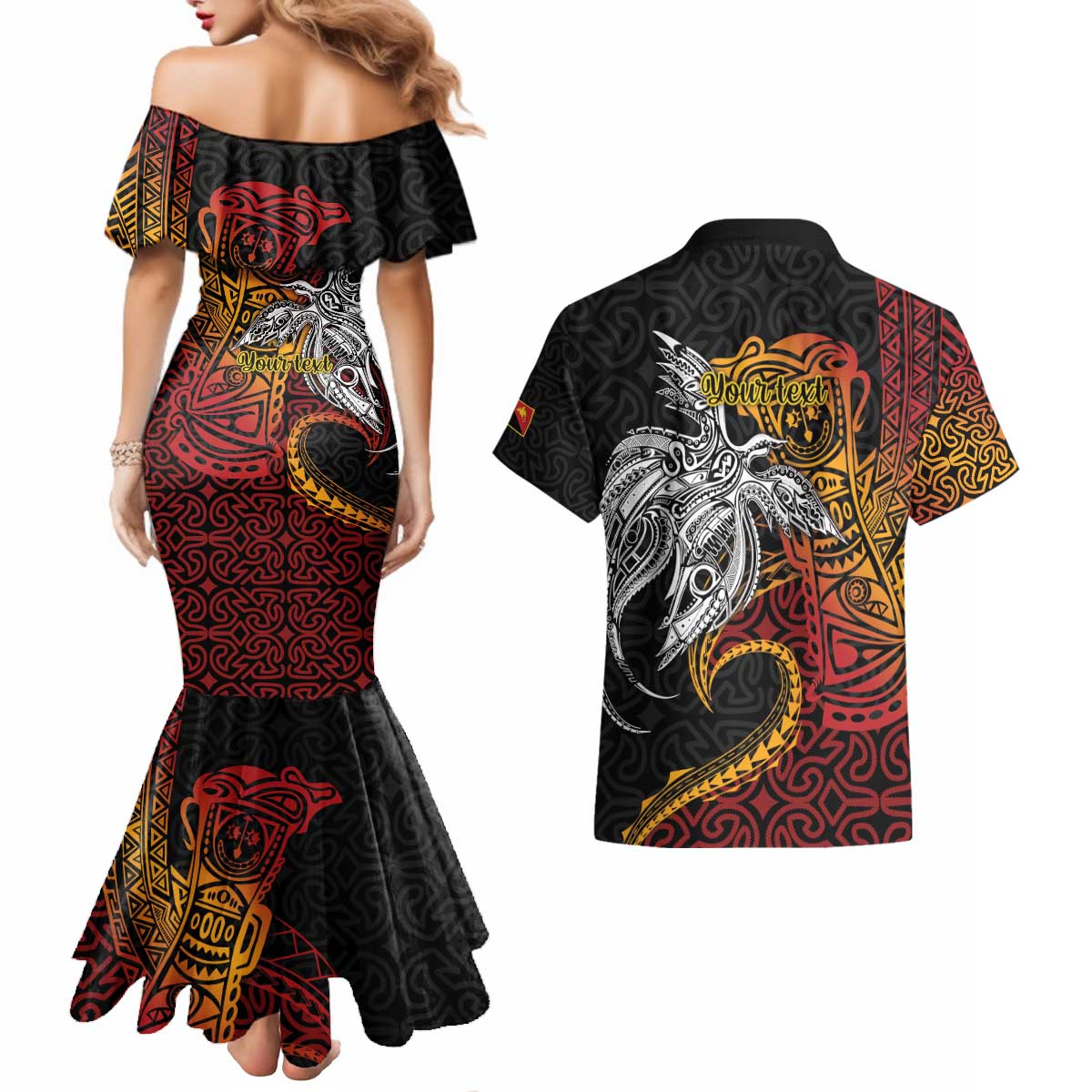 Papua New Guinea Sepik Personalised Couples Matching Mermaid Dress and Hawaiian Shirt PNG Bird of Paradise Tattoo LT9 - Polynesian Pride